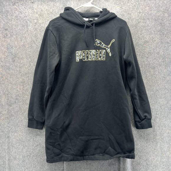 Puma Hoodie Dress Womens Small Black Camo Logo Fleece Sweatshirt Tunic - Picture 1 of 10